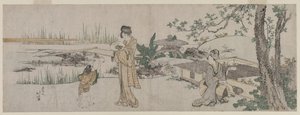 Dwie kobiety i dziecko przy akwarium ze złotą rybką autorstwa Katsushika Hokusai