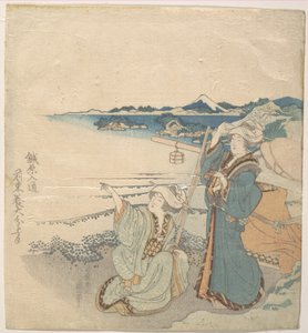 Dwie młode panie na brzegu; jedna z nich wskazuje autorstwa Katsushika Hokusai