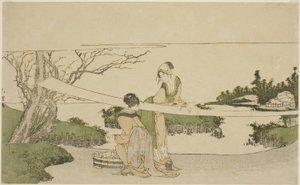 Dwie kobiety rozciągające szmatkę autorstwa Katsushika Hokusai