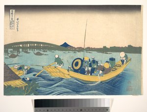 Widok zachodu słońca nad mostem Ryōgoku z nabrzeża Onmaya (Onmayagashi yori Ryōgokubashi sekiyō o miru), z cyklu „Trzydzieści sześć widoków góry Fuji” (Fugaku sanjūrokkei) autorstwa Katsushika Hokusai