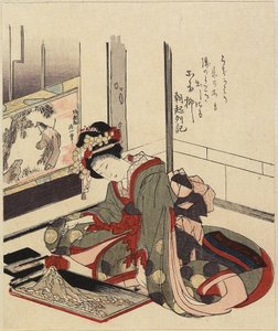 Kobieta układająca bonkei, 1820-1834 autorstwa Katsushika Hokusai