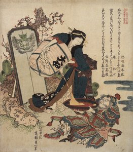 Kobieta nalewająca płyn z beczki do dużego pucharu trzymanego przez wojownika, ok. 1820-1821 autorstwa Katsushika Hokusai