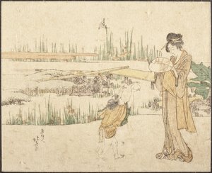 Kobieta i dziecko w ogrodzie; fragment obrazu „Sprzedawca złotych rybek” autorstwa Katsushika Hokusai