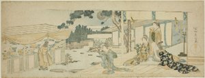 Kobiety na werandzie patrzące na dziewczynę zbierającą kwiaty autorstwa Katsushika Hokusai