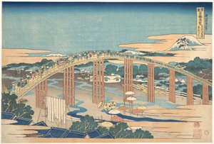 Most Yahagi w Okazaki na trasie Tōkaidō (Tōkaidō Okazaki Yahagi no hashi), z serii „Niezwykłe widoki mostów w różnych prowincjach” (Shokoku meikyō kiran) autorstwa Katsushika Hokusai