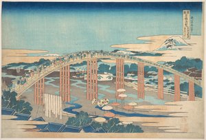 Most Yahagi w Okazaki na trasie Tōkaidō (Tōkaidō Okazaki Yahagi no hashi), z serii „Niezwykłe widoki mostów w różnych prowincjach” (Shokoku meikyō kiran) autorstwa Katsushika Hokusai