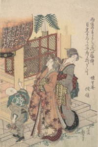 Panienki oddające hołd sanktuarium, ca. 1814. autorstwa Katsushika Hokusai