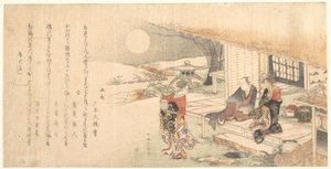 Młoda dama z lampą; mężczyzna i kobieta na werandzie herbaciarni autorstwa Katsushika Hokusai