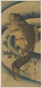 Karp w zawirowaniu wody (drewnodruk) autorstwa Katsushika II Taito