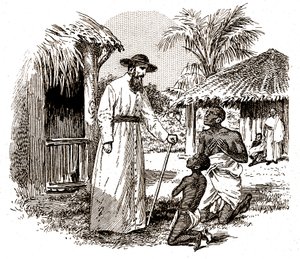 Katolicki misjonarz w Afryce praktykujący nawrócenie dziecka i jego ojca, ok. 1900 (rycina)