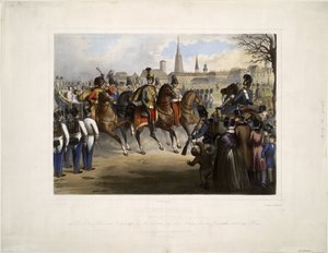Mikołaj I z Rosji jako pułkownik naczelny 9. Pułku Huzarów „Graf Nadasdy” w Glacis w Wiedniu w dniu 30 grudnia 1845 r. - Katzler, Vinzenz (1823-1882) - 1846 - Litografia kolorowa - 39x50,4 - Prywatne Kolekcja autorstwa Katzler Katzler