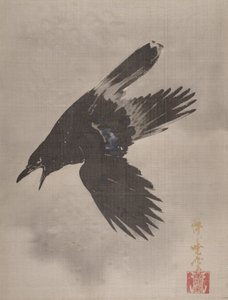 Wrona lecąca w śniegu, ok. godz. 1887. autorstwa Kawanabe Kyosai