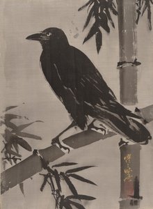 Wrona na gałęzi bambusa, ca. 1887. autorstwa Kawanabe Kyosai