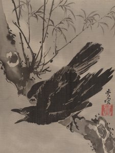 Wrona na gałęzi, ca. 1887. autorstwa Kawanabe Kyosai