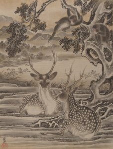 Jeleń i Małpy, ca. 1887. autorstwa Kawanabe Kyosai
