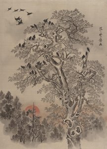 Stado kruków o świcie, ok. godz. 1887. autorstwa Kawanabe Kyosai