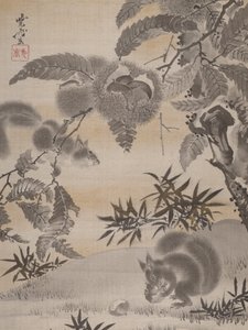 Wiewiórki zbierające kasztany, ca. 1887. autorstwa Kawanabe Kyosai