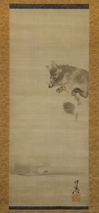 Jenot Tanuki oglądający swoje odbicie w wodzie, koniec XIX wieku. autorstwa Kawanabe Kyosai