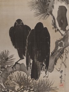 Dwie wrony na gałęzi sosny, ca. 1887. autorstwa Kawanabe Kyosai