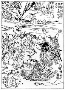 Młody Kyôsai szkicujący odciętą głowę, 1898. autorstwa Kawanabe Kyosai