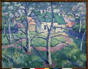 Kwitnące Jabłonie. Latem wiejski krajobraz, kilka domów, ścieżka, drzewa. Obraz Kasimira Severinovicha Malewicza (Malevich, Malevic) (1878-1935), olej na płótnie autorstwa Kazimir Severinovich Malevich