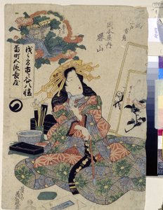 Kurtyzana Katsuyama z Domu Okamotoya. Reprezentowana przez palącą fajkę, siedzi, otoczona sprzętem do malowania i kaligrafii. Praca Keisai Eisena (1790-1848), linoryt autorstwa Keisai Eisen