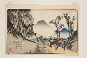 nr 44, Stacja Magome: Odległy widok z przełęczy (Magome eki, t?ge yori enb?no zu) (kolorowy drzeworyt) autorstwa Keisai Eisen