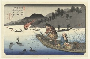 Aalscholvervissersboten na rzece Nagae w Kawado Kawado Nagaegawa ukaibune (tytuł na obiekcie) De station van de Kisokaido (tytuł serii) Kisoji eki (tytuł serii na obiekcie) autorstwa Keisai Eisen