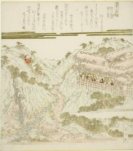 Widok gorących źródeł Miyanoshita w Hakone, Soshu, z serii „Gorące źródła – dyptyk (Onsen niban tsuzuki)” autorstwa Keisai Eisen
