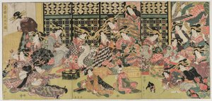 Zdjęcie przedstawiające oglądanie w Dzielnicach Rozkoszy, lata 1810. XIX wieku. autorstwa Kikugawa Eizan