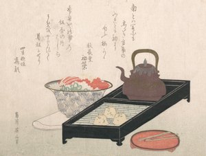 Naczynia do herbaty i miska do ciasta, XIX wiek. autorstwa Kikugawa Eizan