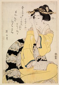 Seated courtesan with a book, c.1804-29 (colour woodcut)