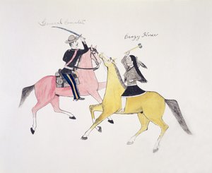 Symboliczny portret konfliktu między Indianami a białymi, reprezentowanymi przez ich dwóch najsłynniejszych przywódców, generała Custera i Szalonego Konia (pigment na płótnie)