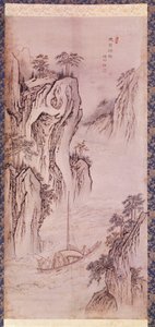 Art coreen: powrót Mu-i. Coreen krajobraz z łodzią i stromym urwiskiem. Rycina Kim Hong do lub Danwon (1745-ok. 1806). 1760. Kolekcja Hyung Pil Chun.