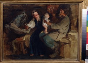 Radość rodzicielska. W skromnym wnętrzu para chłopów, ojciec siedzi, trzyma swoje półnagie dziecko, stojąc na kolanach, po bokach, matka uśmiecha się i trzyma zawieszoną kołyskę. Obraz Kirilla (Karl) Vikentlevic autorstwa Kirill Vikentievich Lemoch