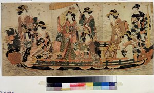 Podziwiaj kwiaty wiśni (Hanami) (Cherry Blossom Viewing, Hanami). Rycina Kitagawy Utamaro II (?-1831). Akwaforta kolorowa, 37 x 76 cm. Sztuka wschodnia. Muzeum Puszkina, Moskwa
