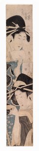 Dwie kurtyzany, jedna z kieliszkiem do sake, ok. 1795-1804 (kolorowy drzeworyt) autorstwa Kitagawa Kikumaro