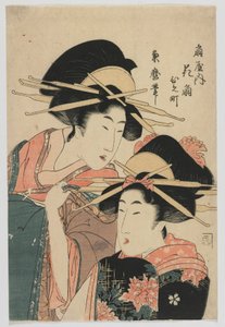 Kurtyzany Hanaogi i Hamachi z Ogwy, okres Edo, po 1804 r. (kolorowy drzeworyt)