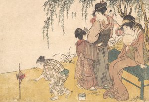 Dziecko zapalające fajerwerki, z ilustrowanej książki Kwiaty czterech pór roku, 1801. autorstwa Kitagawa Utamaro