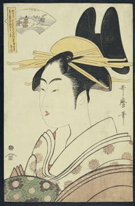 Portret Okubi-E kurtyzany przedstawiający rzekę Hagi lub Noki autorstwa Kitagawa Utamaro