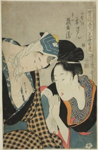 Sprawdzian umiejętności - wody Amorousness (Jitsu kurabe iro no minakami): Osan i Mohei (kolorowy drzeworyt; oban) autorstwa Kitagawa Utamaro
