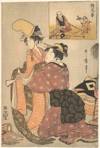 Kobieta ubierająca dziewczynę do tańca kabuki „Musume Dōjōji”, z „bratnim obrazem” (E-kyōdai) tresera małp autorstwa Kitagawa Utamaro