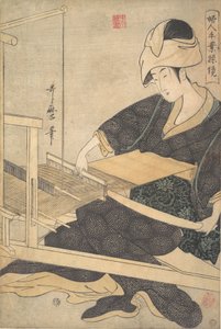 Kobieta tkaczka, siedząca przy krośnie ręcznym, ok. 1930 r. 1796. autorstwa Kitagawa Utamaro