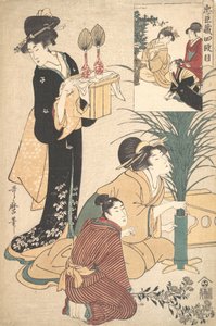 Kobieta i mężczyzna układają kwiaty na Święto Księżyca Tsukimi, 1802. autorstwa Kitagawa Utamaro