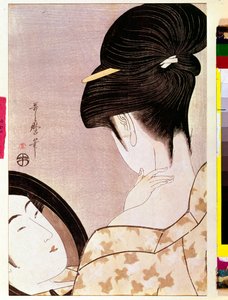 Kobieta zasilająca szyję cieniem Japońska grafika Utamaro Kitagawa (1753-1806) - Słońce 0,37x0,22 m - 1795-1796 - Paryż, Musee Guimet, Musee national des Arts Asians autorstwa Kitagawa Utamaro