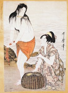 Awabi (mięczaki) rybacy w wodzie, grafika ukiyo-e autorstwa Kitagawa Utamaro (1753-1806), drzeworyt, cywilizacja japońska, okres Edo autorstwa Kitagawa Utamaro