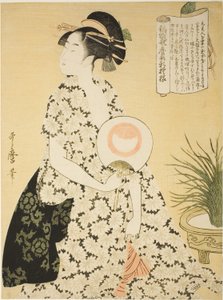 Piękna ubrana w letnie kimono, z serii „Nowe wzory brokatu tkanego w stylu Utamaro” („Nishiki-ori Utamaro-gata-shinmoyo”) autorstwa Kitagawa Utamaro