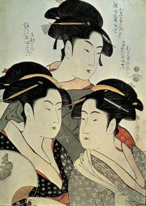 Zbliżenie obrazu przedstawiającego trzy kobiety, Kitagawa Utamaro, era Kansei, Japonia autorstwa Kitagawa Utamaro