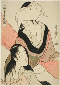 Cloth-Strecher, z serii "Dwanaście rodzajów kobiecego rękodzieła (Fujin tewaza juni ko)". autorstwa Kitagawa Utamaro