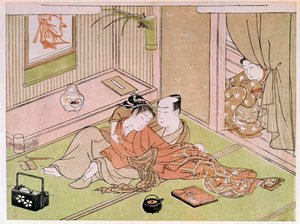 Para pieszcząca się pod okiem służebnej japońskiej grafiki autorstwa Utamaro Kitagawy (1753-1806). 18 wiek. Paryż, Muzeum Guimet, Narodowe Muzeum Sztuki Azjatyckiej autorstwa Kitagawa Utamaro